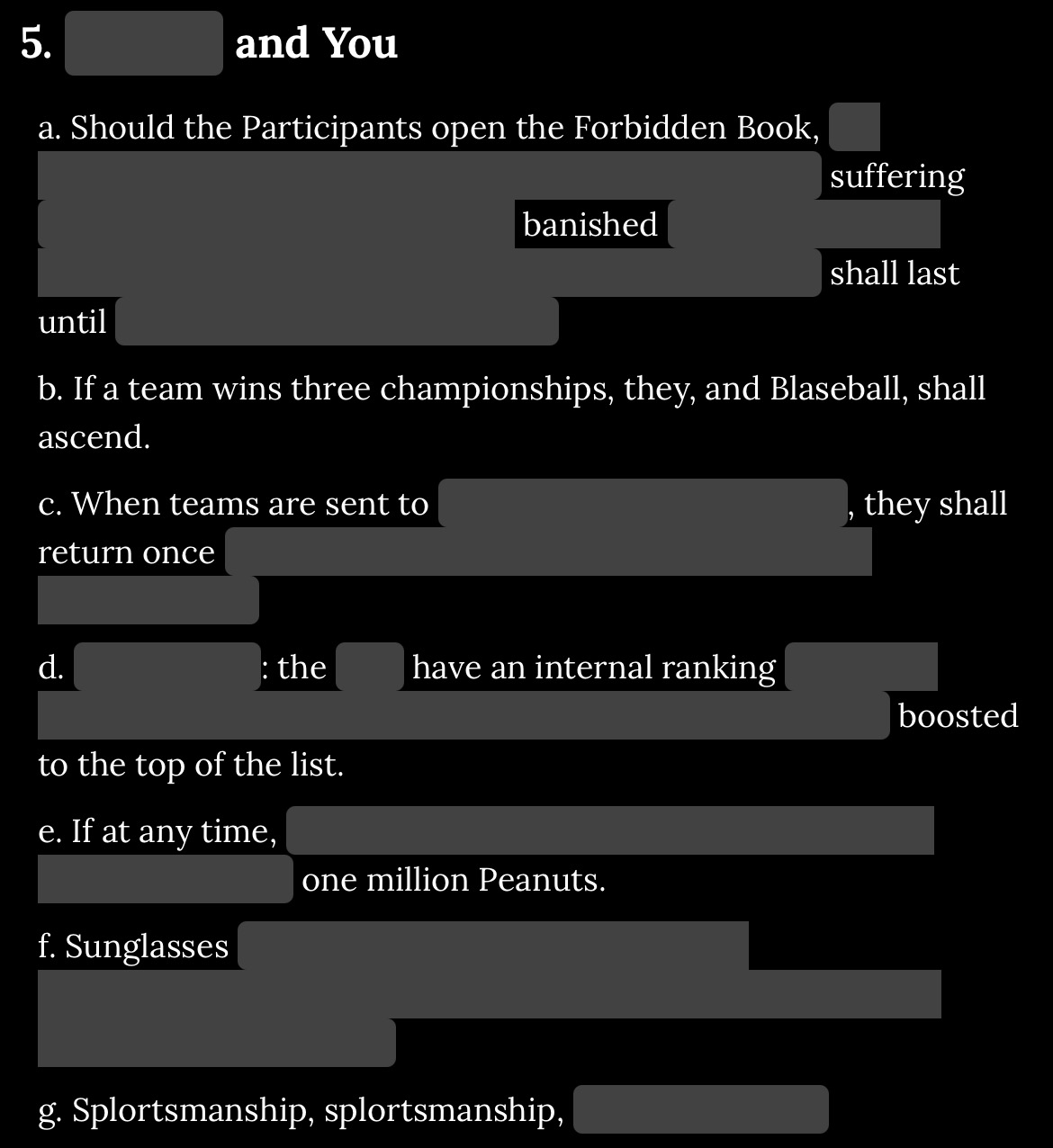 A screenshot of part 5 of the Forbidden Book of Blaseball. Image captured from the end of season 2 of Blaseball
