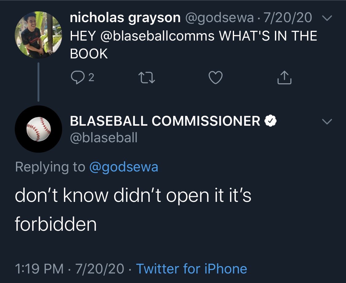 Someone tweeting at the Blaseball account saying, “Hey what's in the forbidden book”. Parker responds by saying, “don't know didn't open it's forbidden”