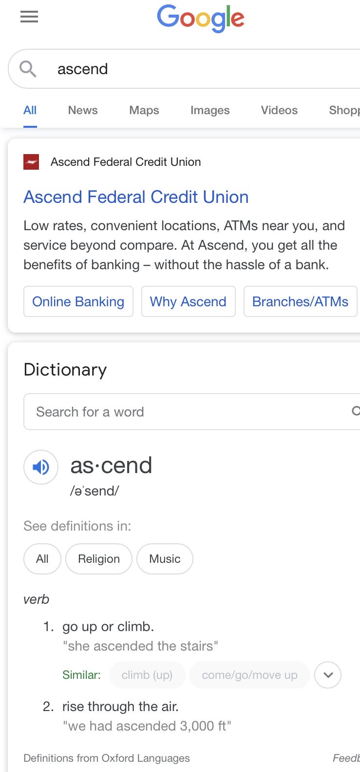 A screenshot of a google search for 'ascend'. There is a sponsored entry for a credit union, and below it is the google dictionary entry for 'ascend'. It matches one-to-one with what the blaseball commissioner said.