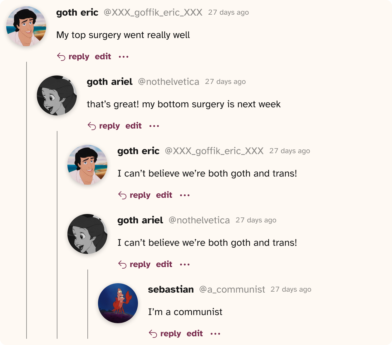 A fake screenshot of a cohost comment thread. The discussion is just the dialogue of the "I can't believe we're both goth and trans" meme.