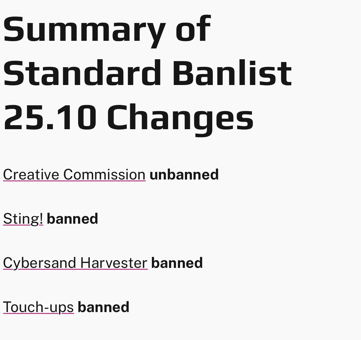 25.10 balance notes: Creative Commission unbanned, Sting banned, Cybersand harvester banned, Touch-ups banned