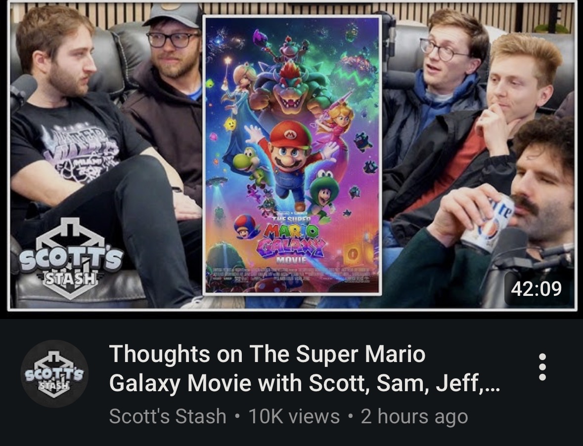 5 white dudes on a couch. One of them is drinking a Miller Lite. Title reads: "Scott's Stash: Thoughts on the Super Mario Galaxy Movie