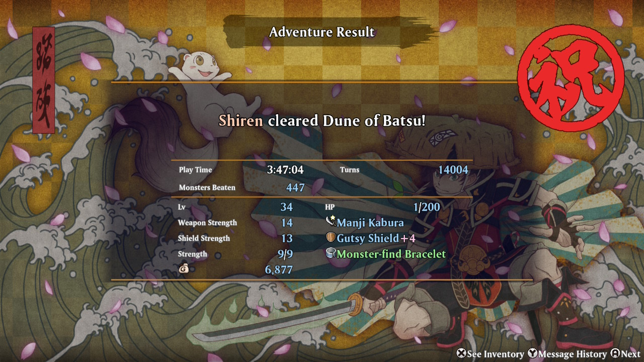 Shiren, samurai-like character, and Koppa, a ferret-like character, poses in a celebratory, wave-filled background with cherry blossoms. Text displays game results: Shiren cleared Dune of Batsu, Play Time 3:47:04, Turns 14004, Monsters Beaten 447, Lv 34, HP 1/200, Weapon Strength 14, Shield Strength 13, Strength 9/9, and 6,877 Gitan. Equipment: Manji Kabura, Gutsy Shield +4, and a Monster-find Bracelet.