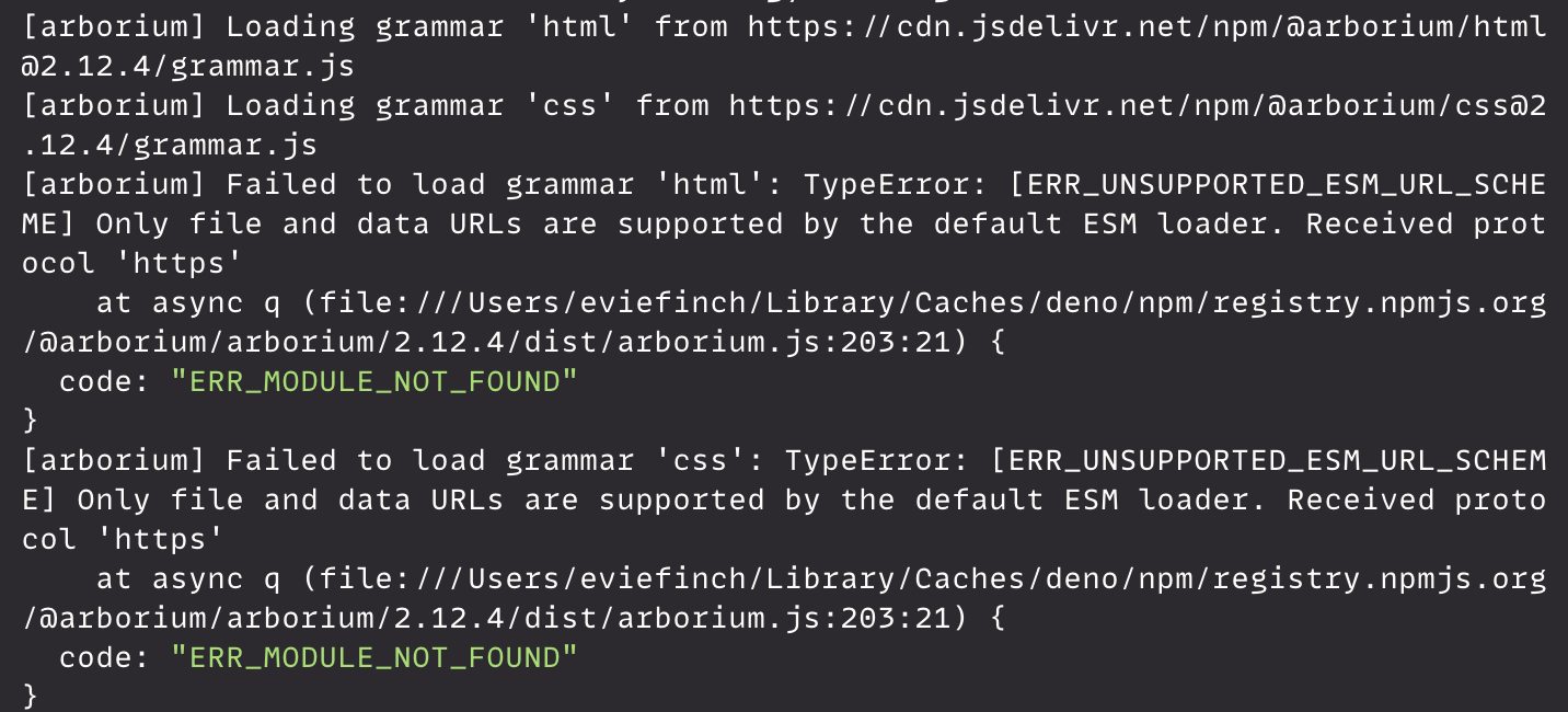 Terminal screenshot. Reads: Failed to load grammar 'html': TypeError: Only file and data URLs are supported by the default ESM loader. Received protocol 'https'