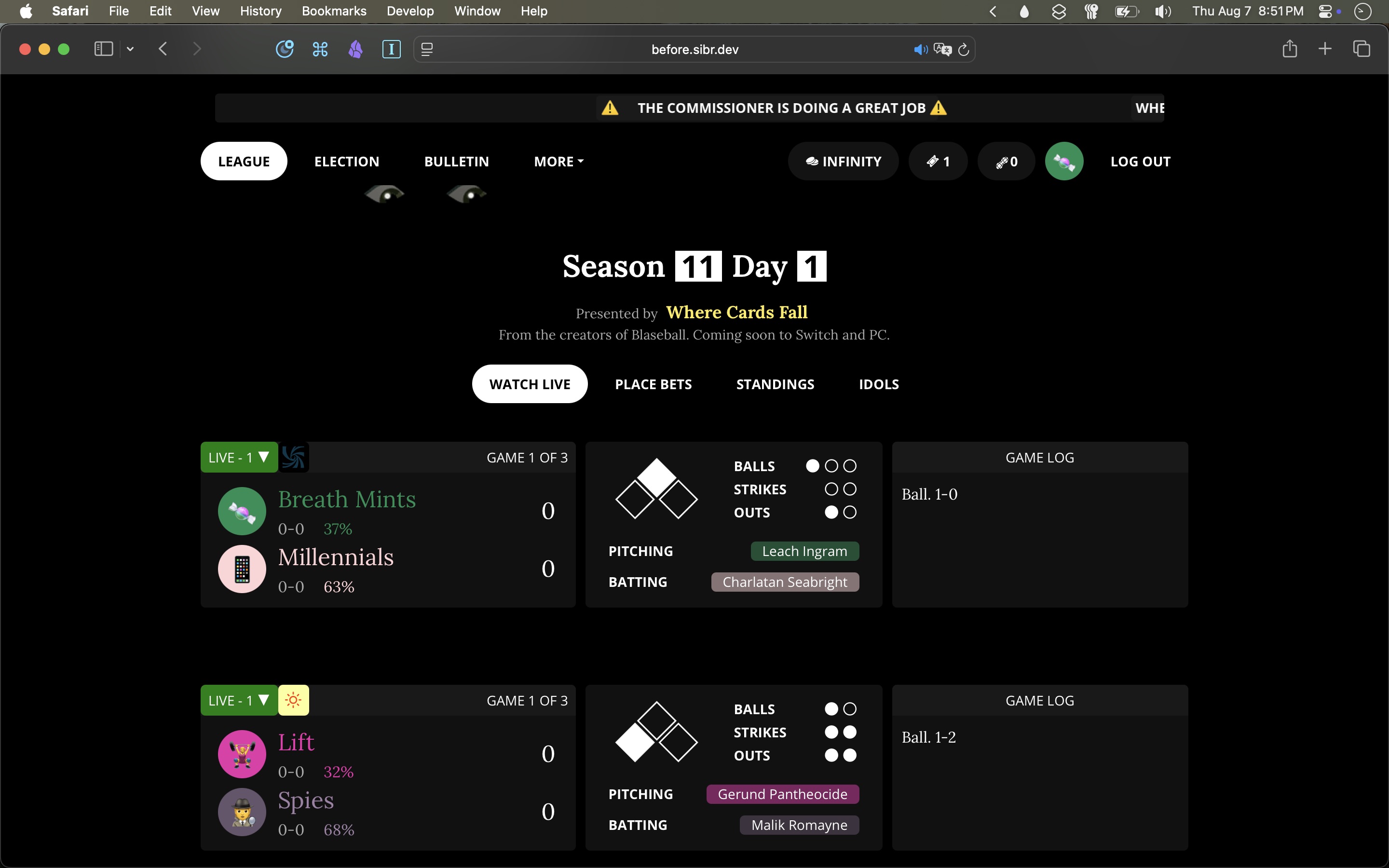 A screenshot of an archive of the Blaseball home page as of season 11