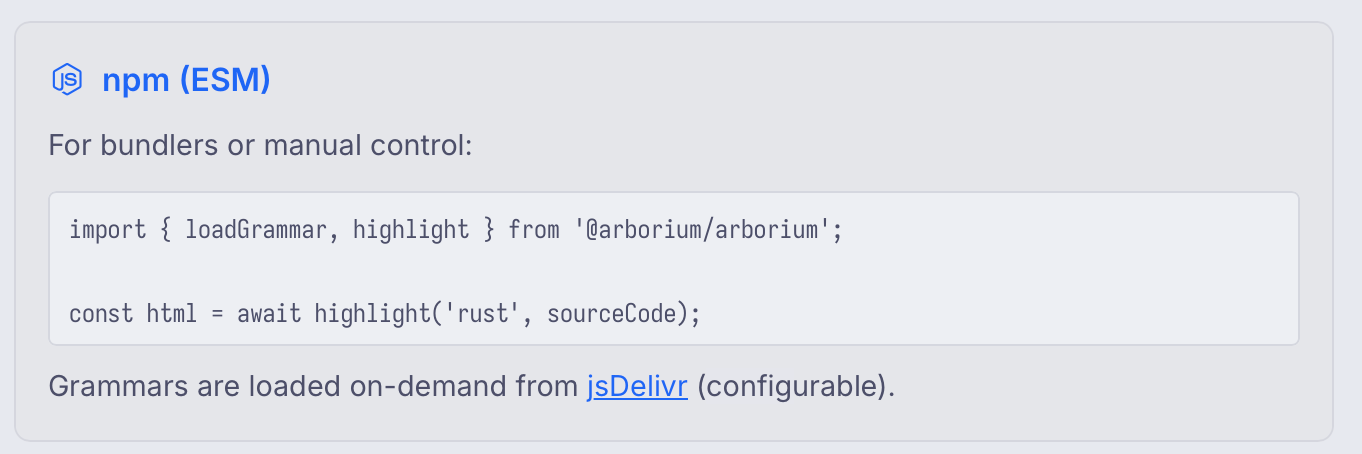 A screenshot from the Arborium website. It reads: Grammars are loaded on-demand from jsDelivr (configurable).