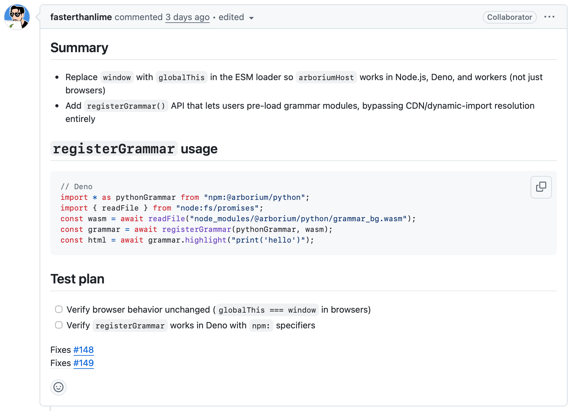 A GitHub pull request displaying a summary, code snippet, and test plan. Summary describes replacing window with globalThis and introduces a registerGrammar API, the code snippet shows the usage for registerGrammar, finally, there's a test plan to verify it works, and mentions my two issues as fixed. The text reads as strongly AI generated.